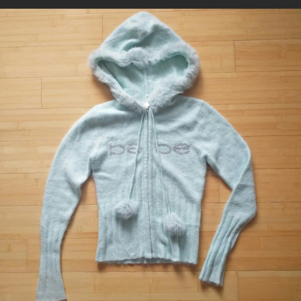ISO Bebe fuzzy angora zip up/sweater